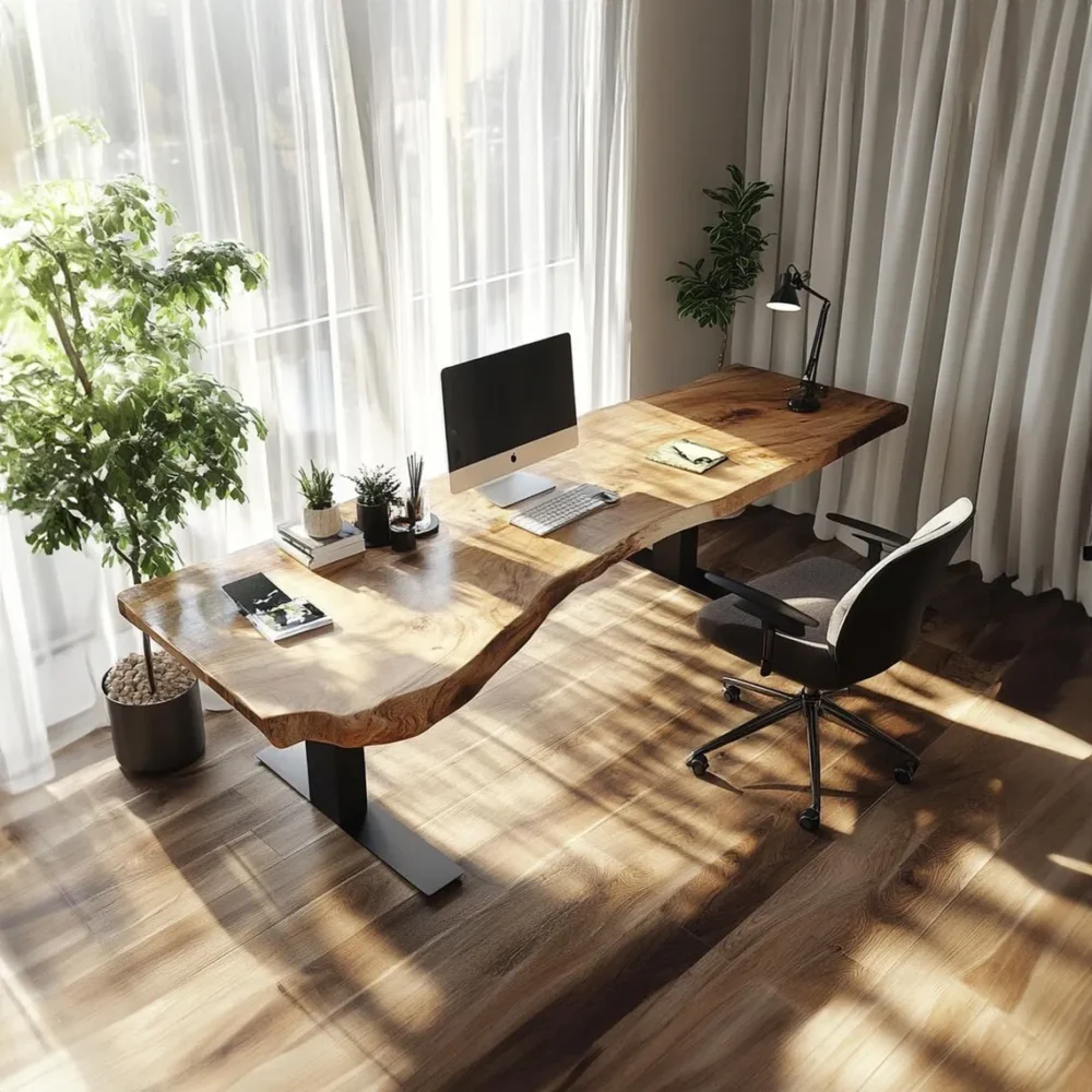 Rustic Floating Desk Wall Mounted Live Edge Solid Wood Study Table and Shelf for Home Office