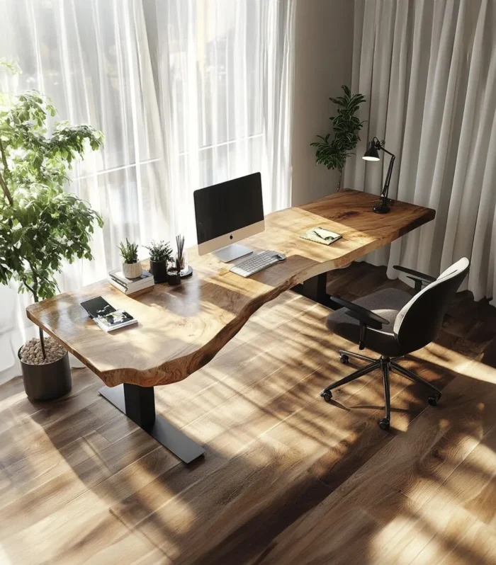 Rustic Floating Desk Wall Mounted Live Edge Solid Wood Study Table and Shelf for Home Office