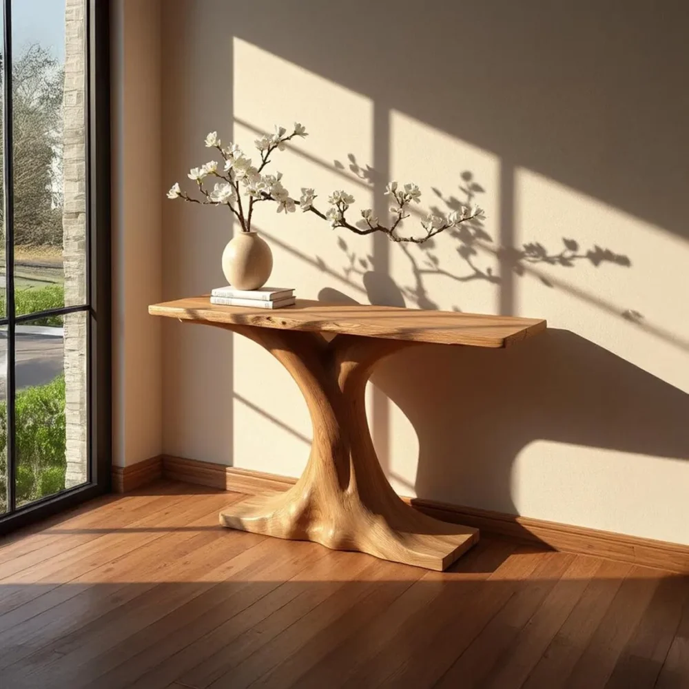 Handcrafted Rustic Console Table Solid Wood Tree Shaped Entryway Furniture in Farmhouse Style