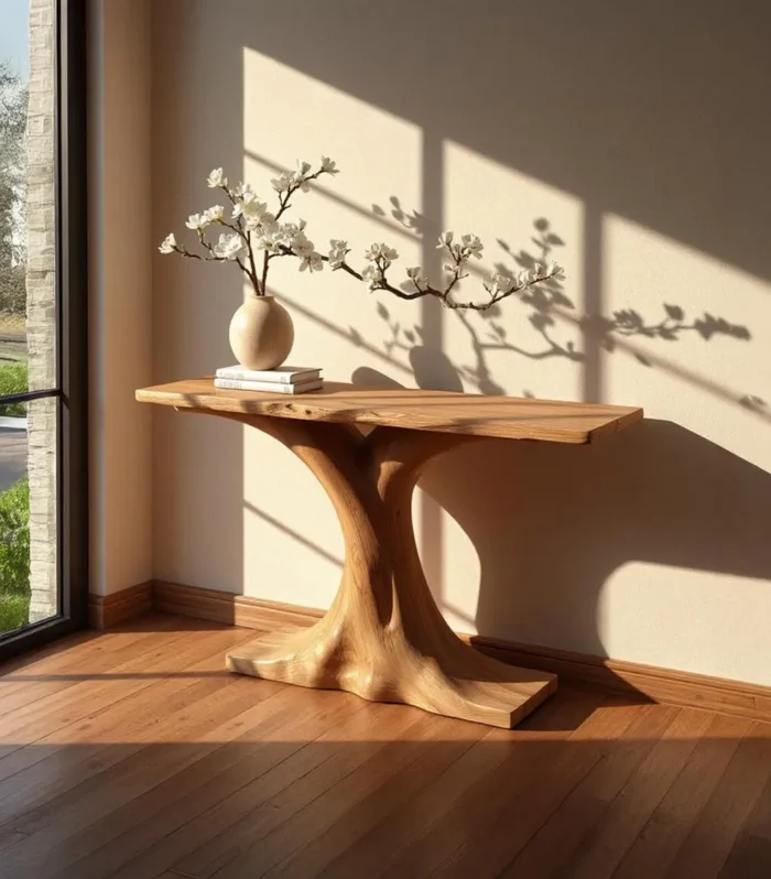 Handcrafted Rustic Console Table Solid Wood Tree Shaped Entryway Furniture in Farmhouse Style