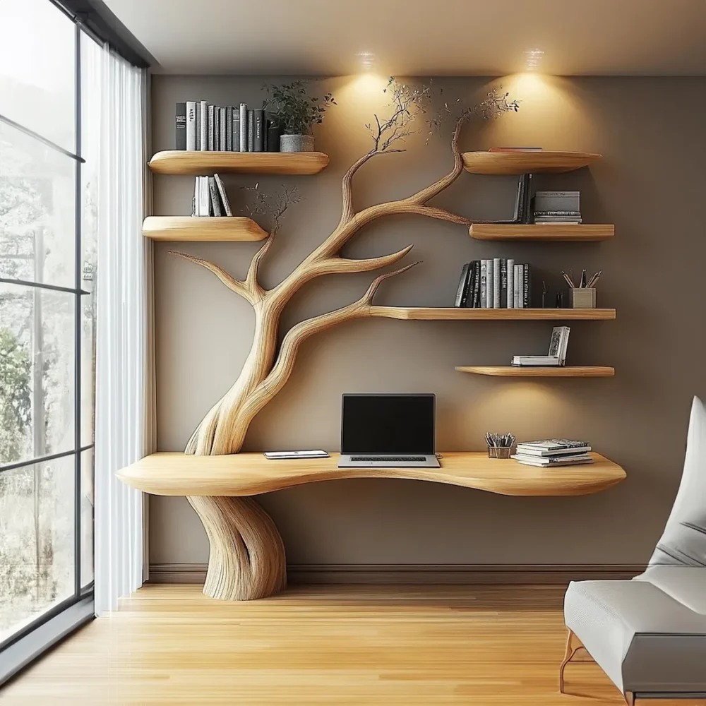 Rustic Floating Live Edge Console Table Handmade Solid Wood Narrow Entry Table with Tree Bookshelf Design