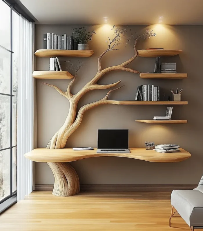 Rustic Floating Live Edge Console Table Handmade Solid Wood Narrow Entry Table with Tree Bookshelf Design