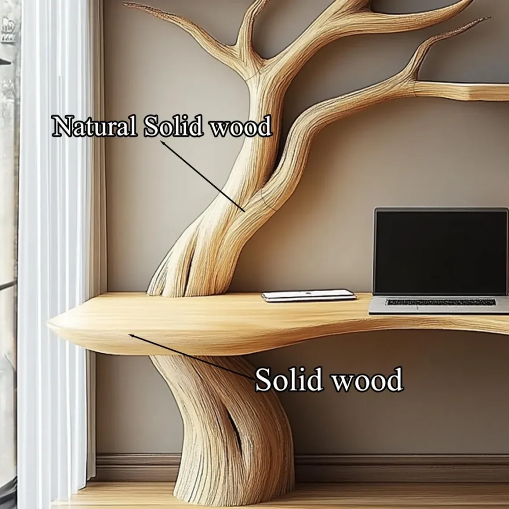 Rustic Floating Live Edge Console Table Handmade Solid Wood Narrow Entry Table with Tree Bookshelf Design - Image 2