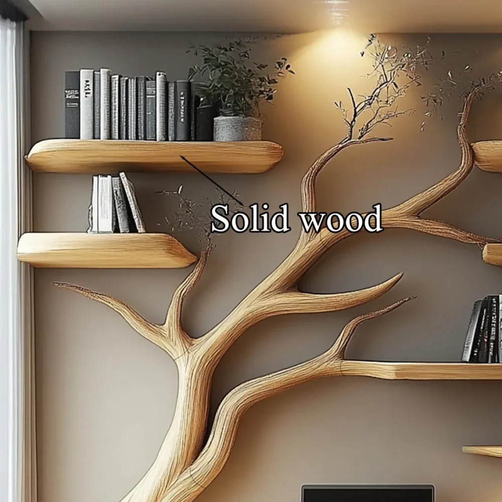 Rustic Floating Live Edge Console Table Handmade Solid Wood Narrow Entry Table with Tree Bookshelf Design - Image 3