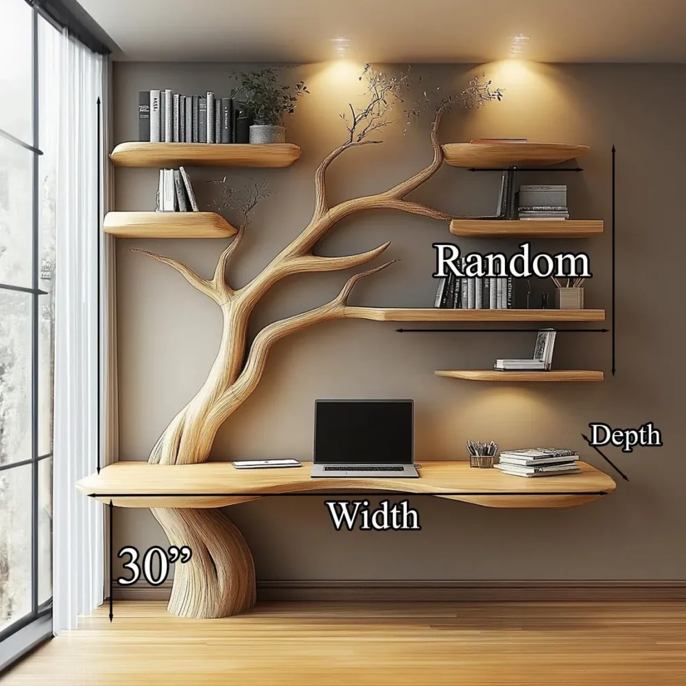Rustic Floating Live Edge Console Table Handmade Solid Wood Narrow Entry Table with Tree Bookshelf Design - Image 4