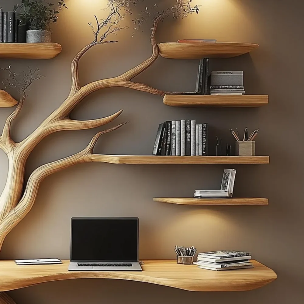 Rustic Floating Live Edge Console Table Handmade Solid Wood Narrow Entry Table with Tree Bookshelf Design - Image 5